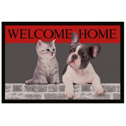 Tapis entrée rectangle motif chat chien welcome home